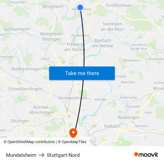 Mundelsheim to Stuttgart-Nord map