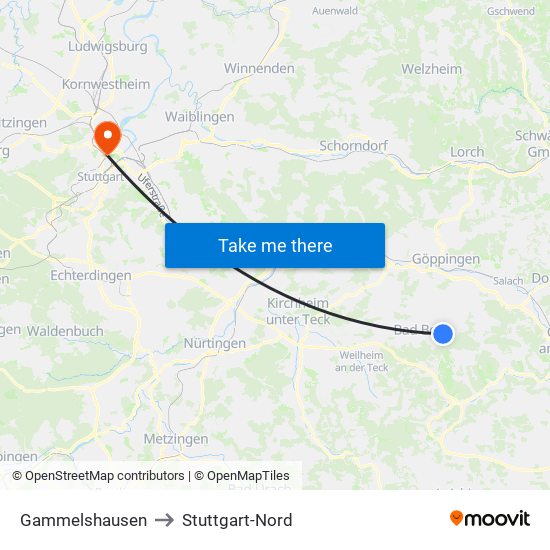 Gammelshausen to Stuttgart-Nord map
