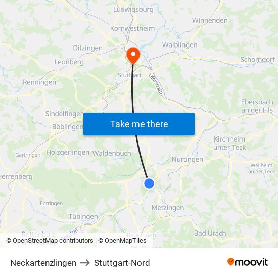 Neckartenzlingen to Stuttgart-Nord map