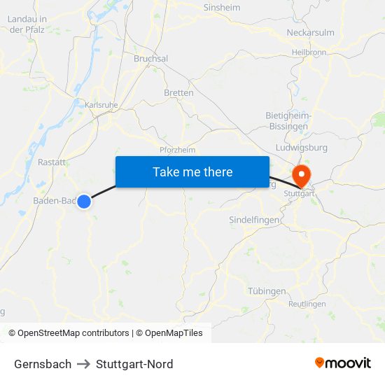 Gernsbach to Stuttgart-Nord map