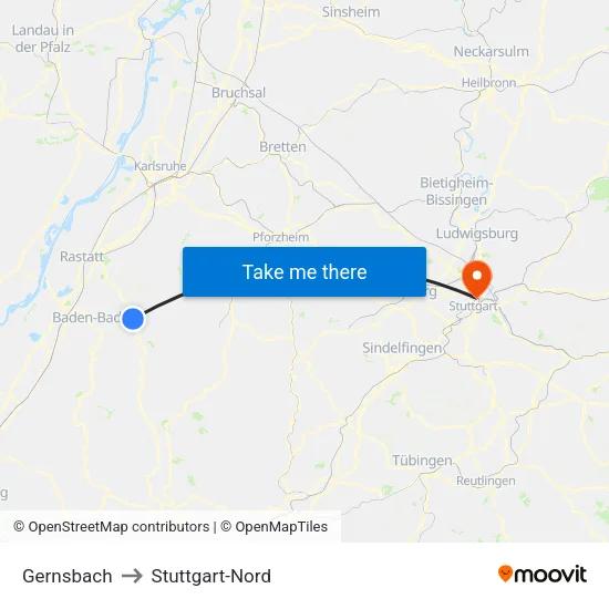 Gernsbach to Stuttgart-Nord map