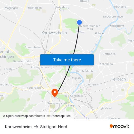 Kornwestheim to Stuttgart-Nord map