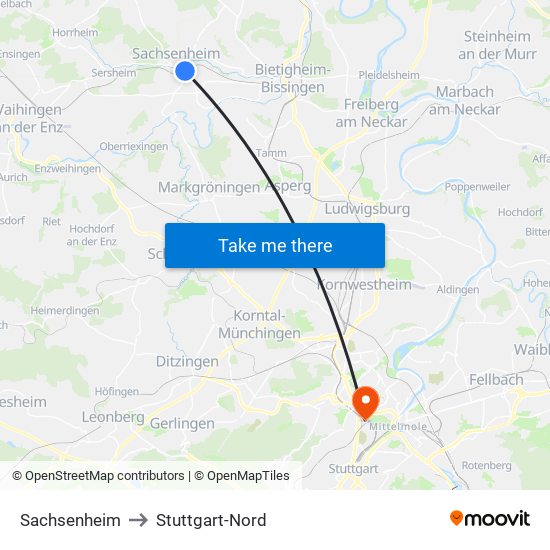 Sachsenheim to Stuttgart-Nord map