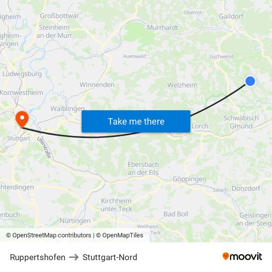 Ruppertshofen to Stuttgart-Nord map