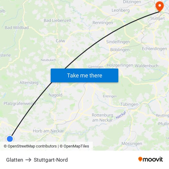 Glatten to Stuttgart-Nord map