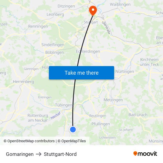 Gomaringen to Stuttgart-Nord map