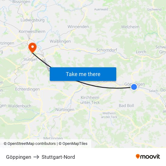 Göppingen to Stuttgart-Nord map