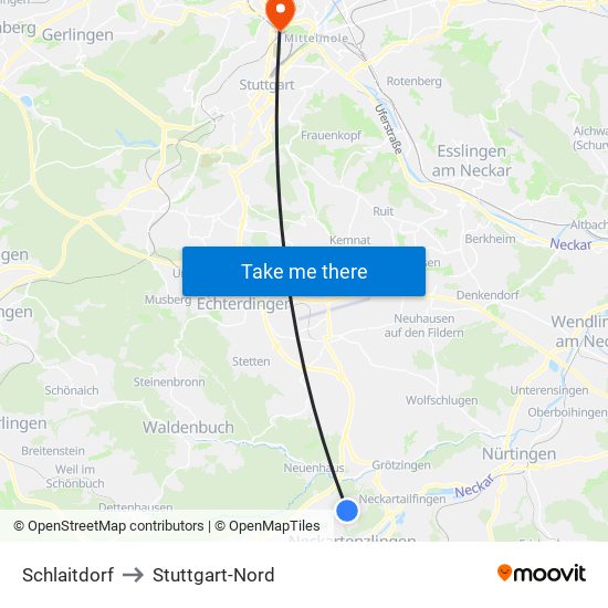 Schlaitdorf to Stuttgart-Nord map