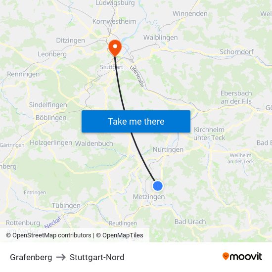 Grafenberg to Stuttgart-Nord map