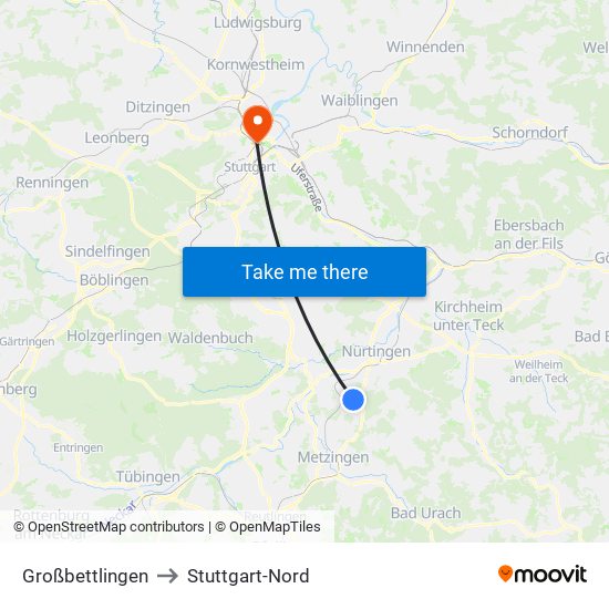 Großbettlingen to Stuttgart-Nord map