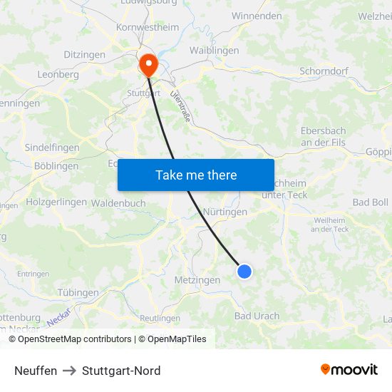 Neuffen to Stuttgart-Nord map