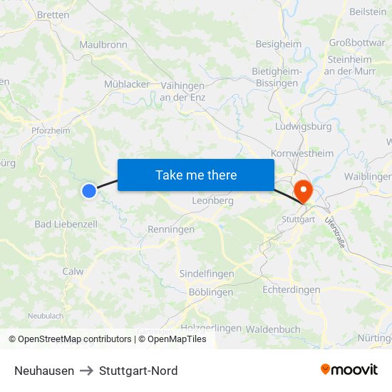 Neuhausen to Stuttgart-Nord map