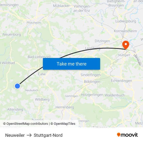 Neuweiler to Stuttgart-Nord map