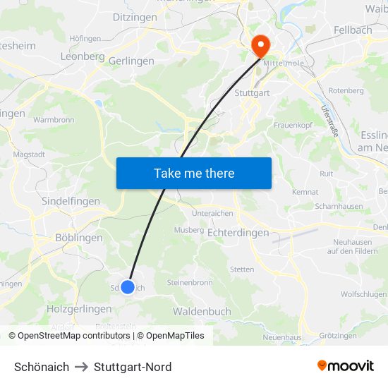 Schönaich to Stuttgart-Nord map