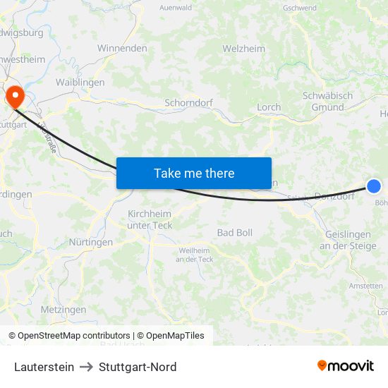 Lauterstein to Stuttgart-Nord map