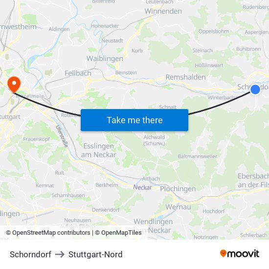 Schorndorf to Stuttgart-Nord map