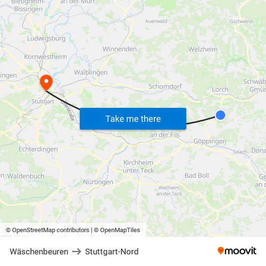 Wäschenbeuren to Stuttgart-Nord map
