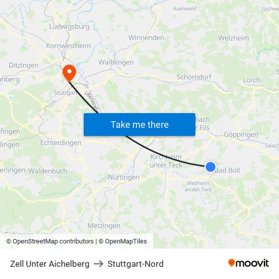 Zell Unter Aichelberg to Stuttgart-Nord map