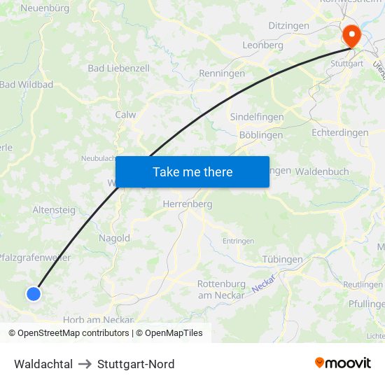 Waldachtal to Stuttgart-Nord map