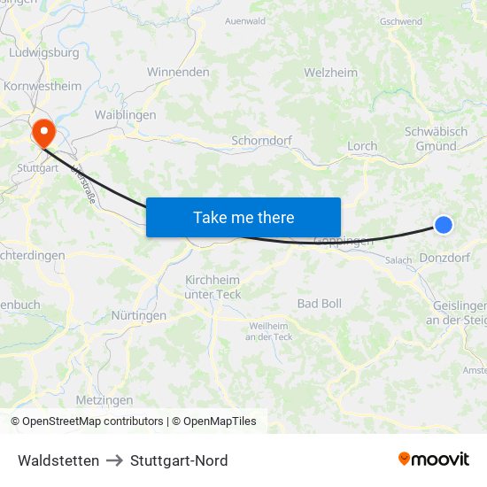 Waldstetten to Stuttgart-Nord map