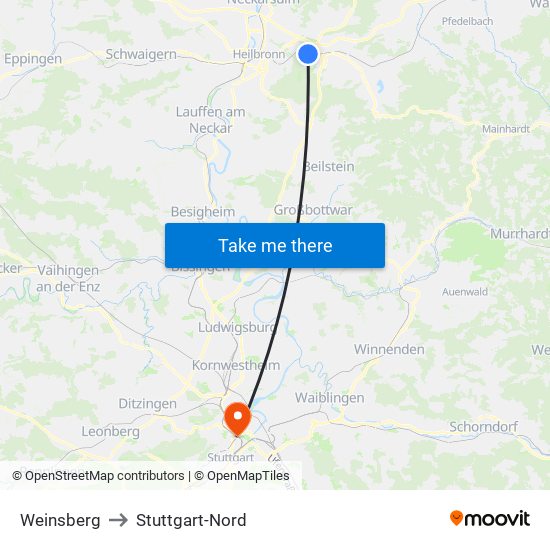 Weinsberg to Stuttgart-Nord map