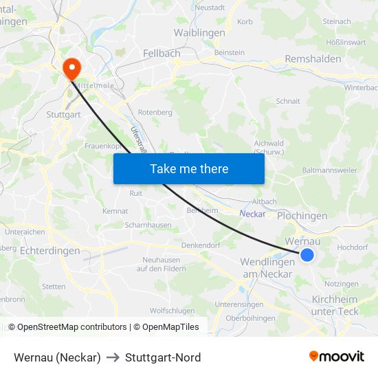 Wernau (Neckar) to Stuttgart-Nord map