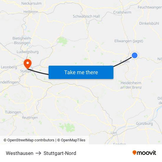 Westhausen to Stuttgart-Nord map