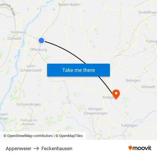 Appenweier to Feckenhausen map