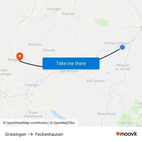 Griesingen to Feckenhausen map