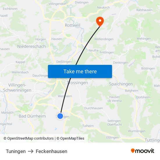 Tuningen to Feckenhausen map