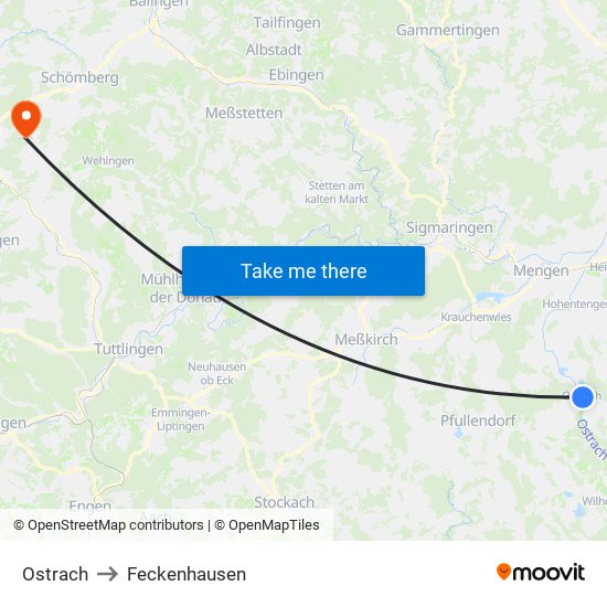 Ostrach to Feckenhausen map