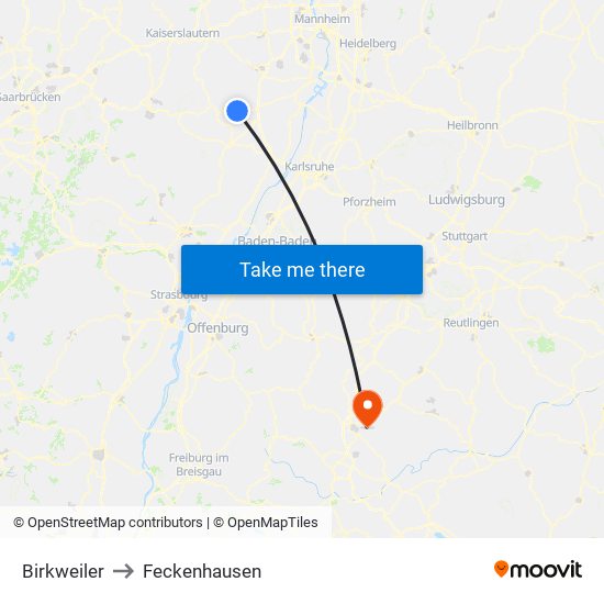 Birkweiler to Feckenhausen map