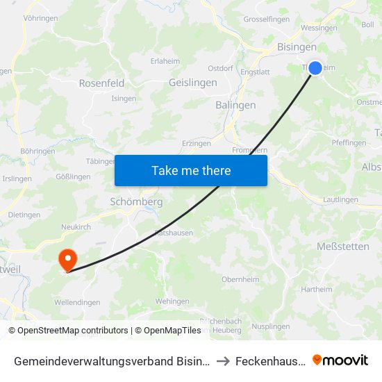 Gemeindeverwaltungsverband Bisingen to Feckenhausen map