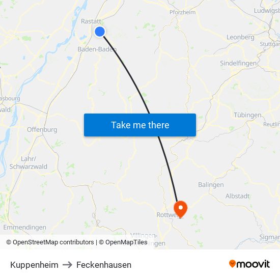 Kuppenheim to Feckenhausen map