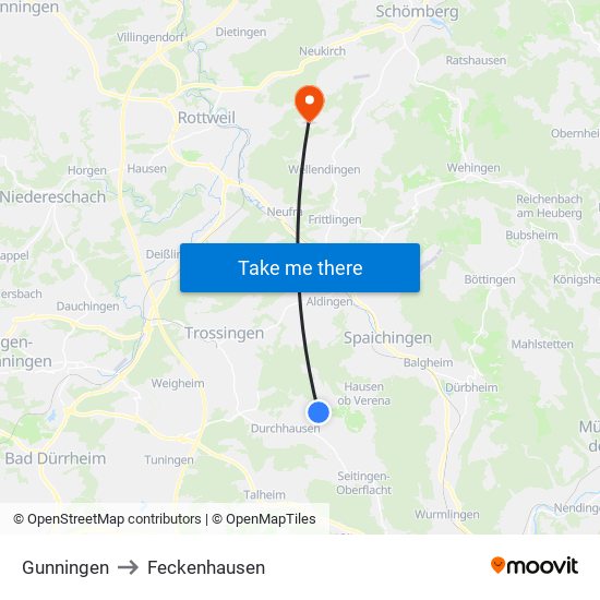 Gunningen to Feckenhausen map