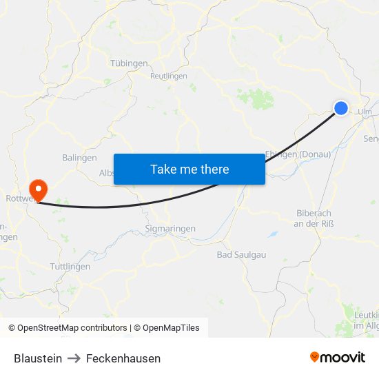 Blaustein to Feckenhausen map