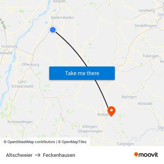 Altschweier to Feckenhausen map