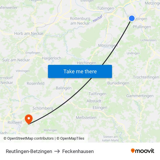 Reutlingen-Betzingen to Feckenhausen map