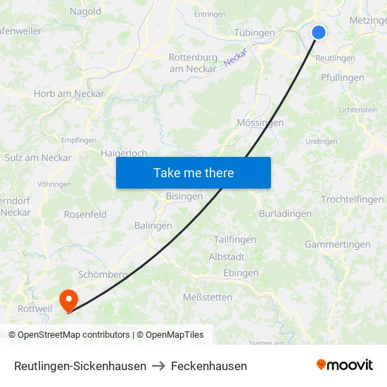 Reutlingen-Sickenhausen to Feckenhausen map