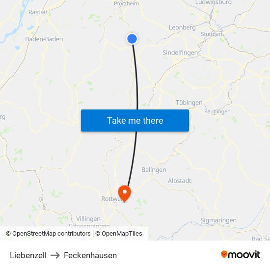 Liebenzell to Feckenhausen map