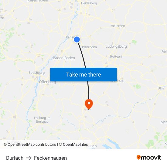 Durlach to Feckenhausen map