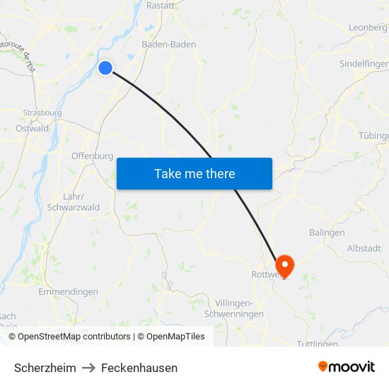 Scherzheim to Feckenhausen map