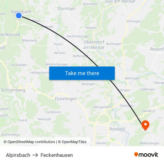 Alpirsbach to Feckenhausen map