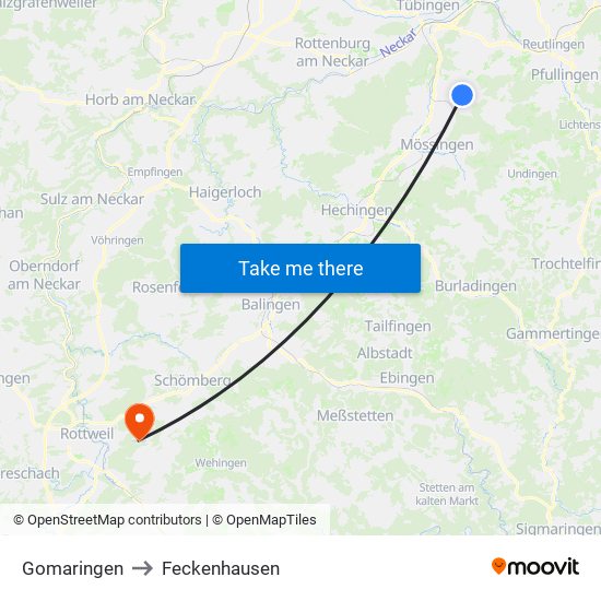 Gomaringen to Feckenhausen map