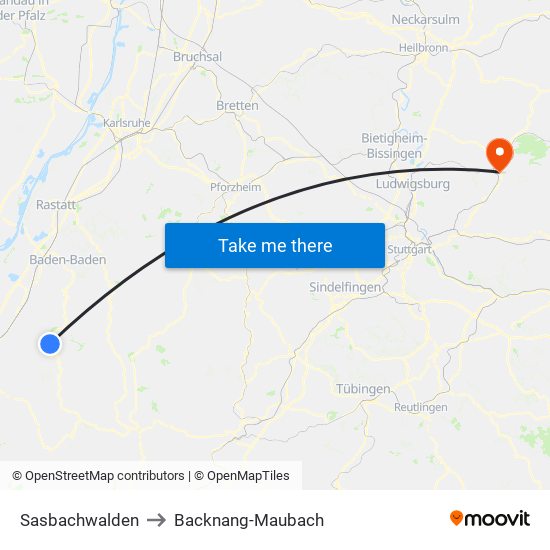 Sasbachwalden to Backnang-Maubach map