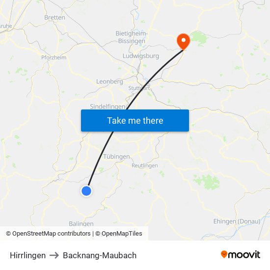 Hirrlingen to Backnang-Maubach map
