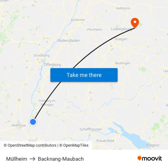 Müllheim to Backnang-Maubach map