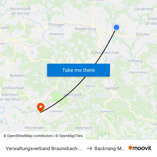 Verwaltungsverband Braunsbach-Untermünkheim to Backnang-Maubach map