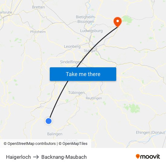 Haigerloch to Backnang-Maubach map