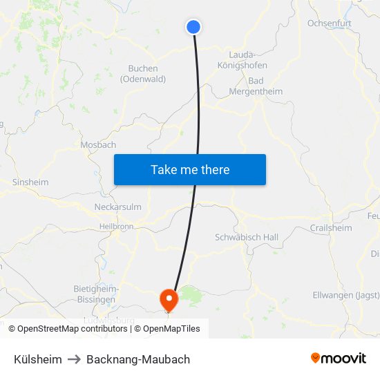Külsheim to Backnang-Maubach map